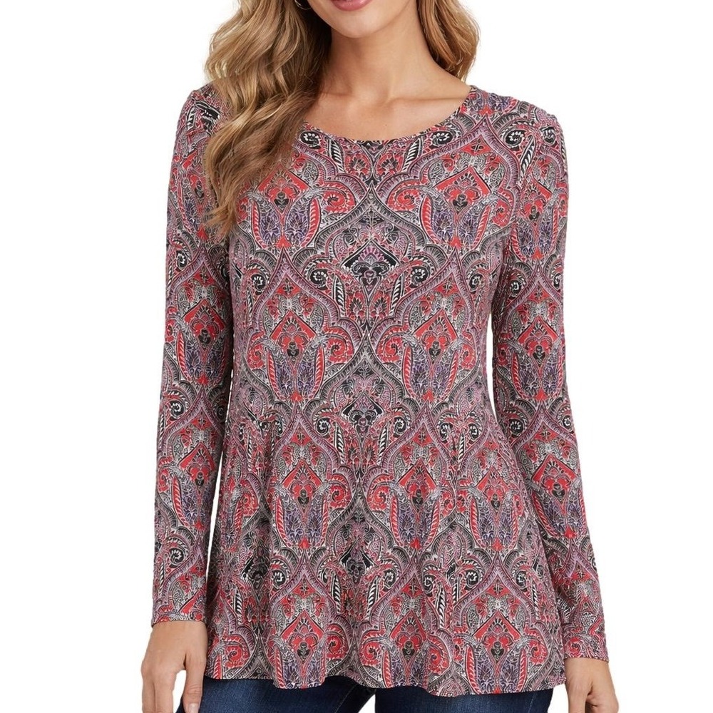 J Jill Wearever Womens Top M Paisley Pleated Flowy Stretch Lightweight Black Red